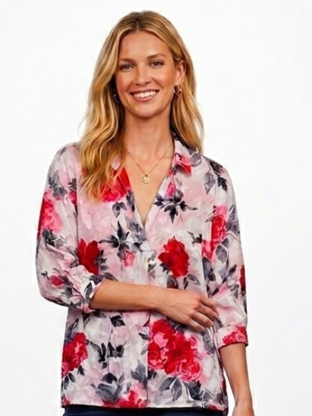 Karl Lagerfeld Floral Roses L Cotton VNeck Pleat Back Buttons Tunic Shirt Blouse